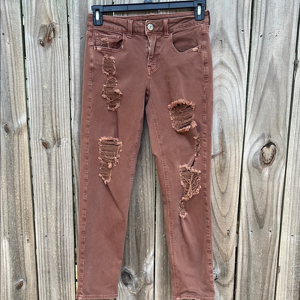 Brown Cropped Ankle Jeans with Distressed Style by American Eagle Size 2